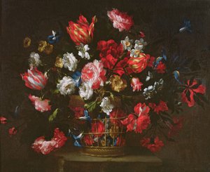 Stilleven van bloemen in een mand